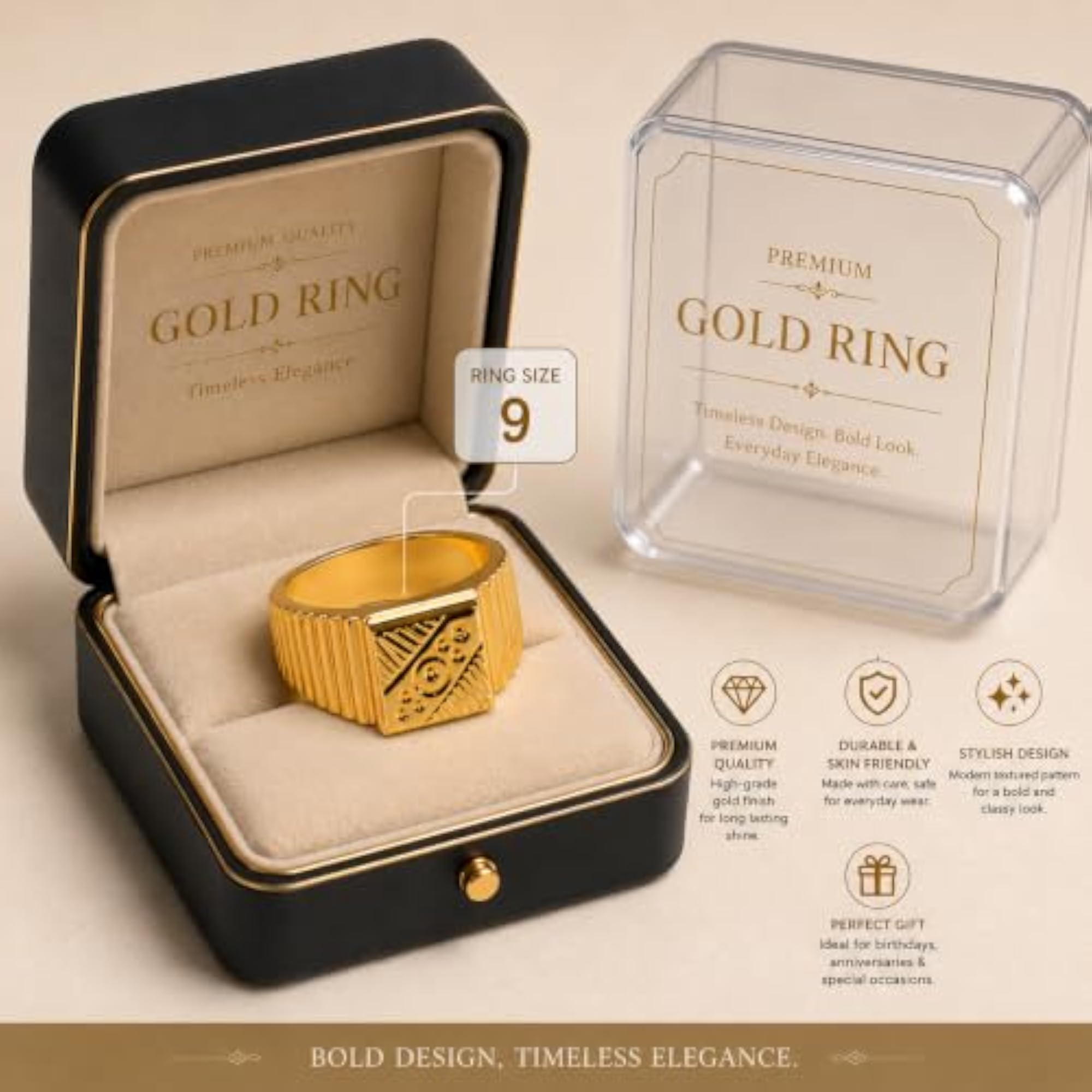 Men's Gold-Toned Engraved Square Face Signet Ring